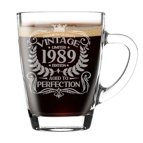 Taza de cristal grabada vintage de 1989 de 300 ml, regalo para los amantes del café, taza de té,...