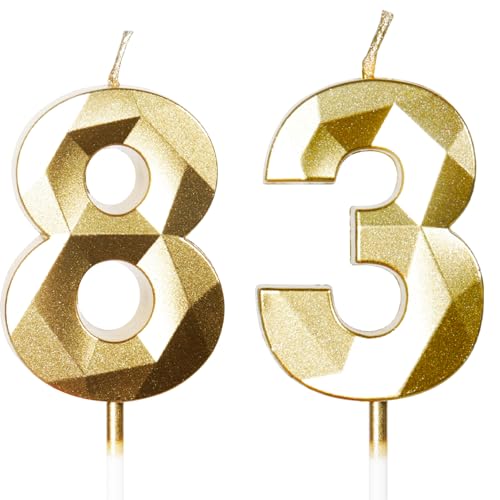 Velas de Cumpleaños 83 Años Dorado, Decoraciones para Hombres y Mujeres, Número 83 3D para Tarta,...