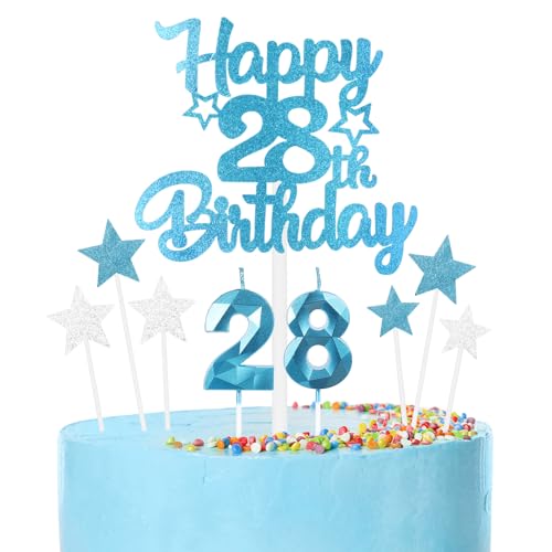mciskin Conjunto de velas de cumpleaños de 28 años azules,Vela número 28 para pastel,Decoraciones...