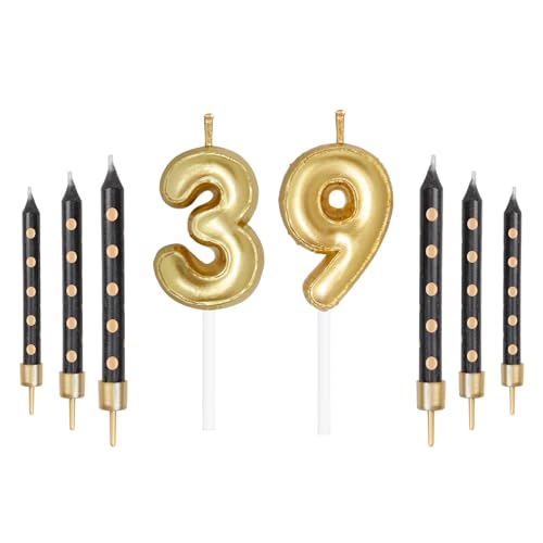 Juego de Velas de Números Dorados con Puntos Negros, Velas de Feliz 39º Cumpleaños para Tarta,...