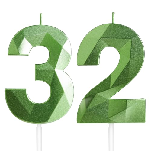 Velas de Cumpleaños 32 Años Verde, Decoraciones para Hombres y Mujeres, Número 32 3D para Tarta,...