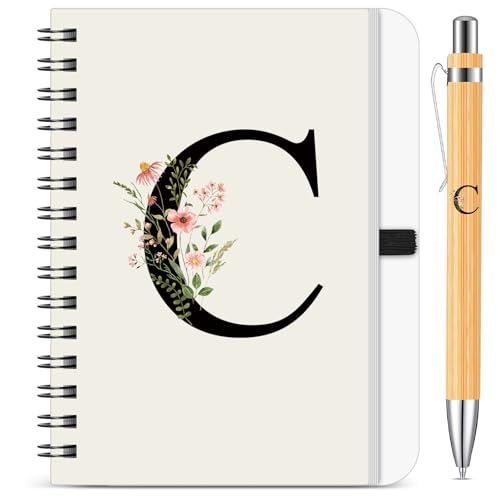 BBTO Set de Cuaderno y Bolígrafo Personalizado con Inicial C, Cuaderno Espiral Floral B6 con...