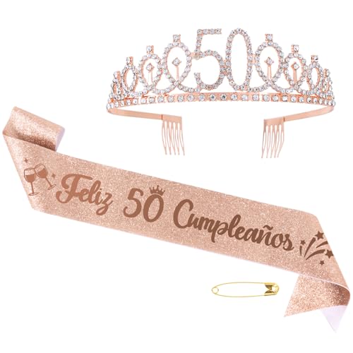 BOOMTOP 50 Cumpleaños, 2 Kit Disfraz Mujer Cumpleaños 50, Diadema Corona Tiara Feliz Cumpleaños...