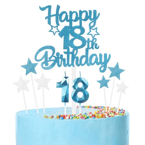 mciskin Conjunto de velas de cumpleaños de 18 años azules,Vela número 18 para pastel,Decoraciones...