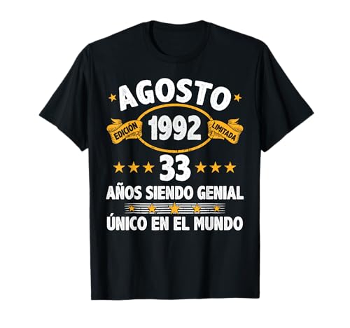 Agosto 1992 33 Años Hombre Cumpleaños Regalo Agosto 1992 Camiseta