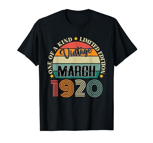 104 Años Vintage Marzo 1920 Cumpleaños 104 Retro Camiseta
