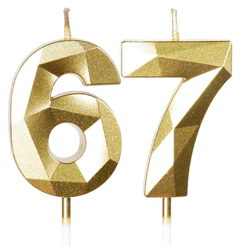 Yiran Velas de cumpleaños número 67, velas doradas con el número 67, decoraciones para tartas...