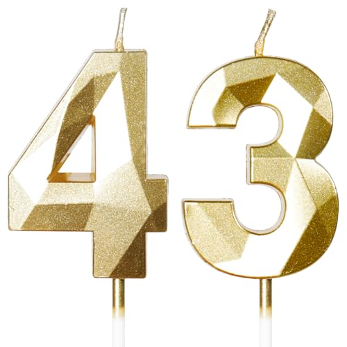 Yiran Velas de Cumpleaños 43 Años Dorado, Decoraciones para Hombres y Mujeres, Número 43 3D para...