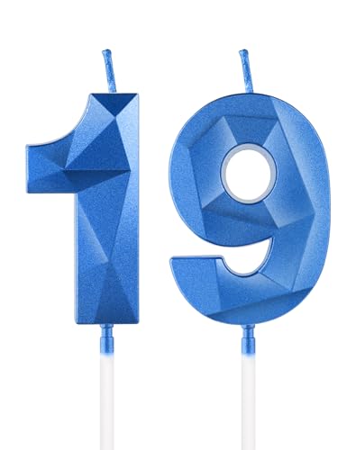 Velas de cumpleaños número 19 azul real, vela 3D número 19 para pastel, decoraciones de...