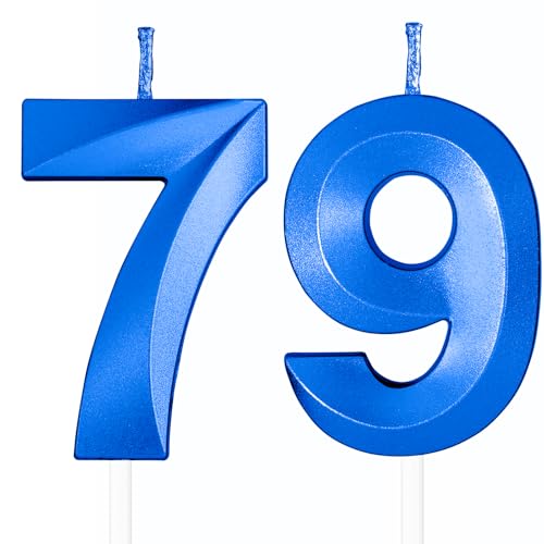 Yiran Velas de cumpleaños 3D, vela azul real del número 79, decoración para tartas de cumpleaños...