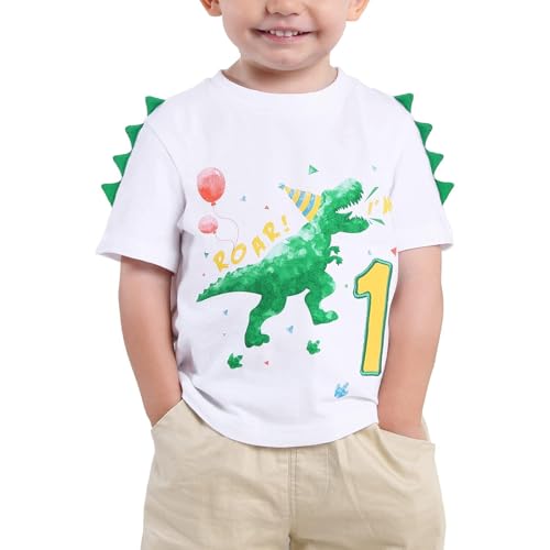 Bebé Niño 1er Camiseta Cumpleaños Dinosaurio 1 año Cumpleaño Manga Corta Tops (Blanco, 80)