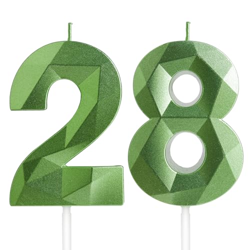 Yiran Velas de Cumpleaños 28 Años Verde, Decoraciones para Hombres y Mujeres, Número 28 3D para...