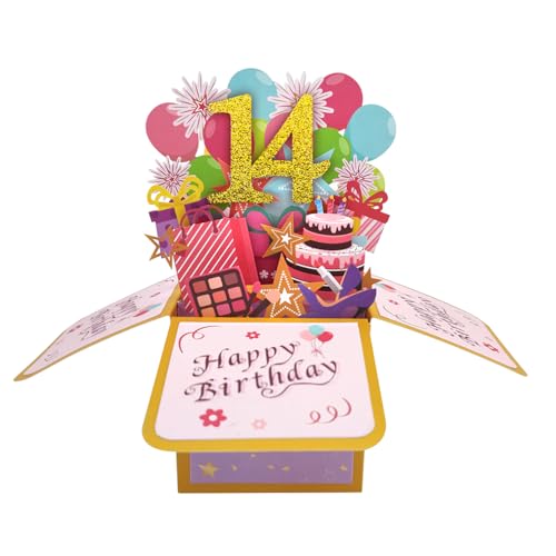 Happy 14th Birthday 14th Birthday Pop Up Tarjeta de felicitación para niñas, 14 años de edad,...