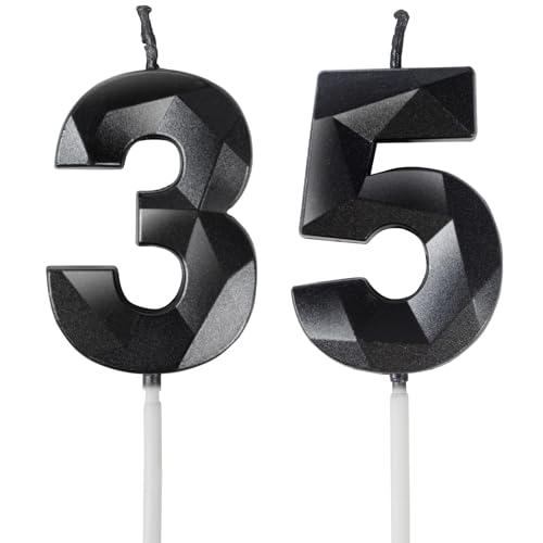 Yiran Velas de Cumpleaños 35 Años Negro, Decoraciones para Hombres y Mujeres, Número 35 3D para...