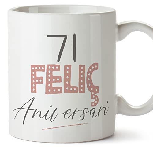 MUGFFINS Tazas 71 Cumpleaños - En Catalán - Feliç Aniversari! Rosa - 11 oz / 330 ml - Regalo...