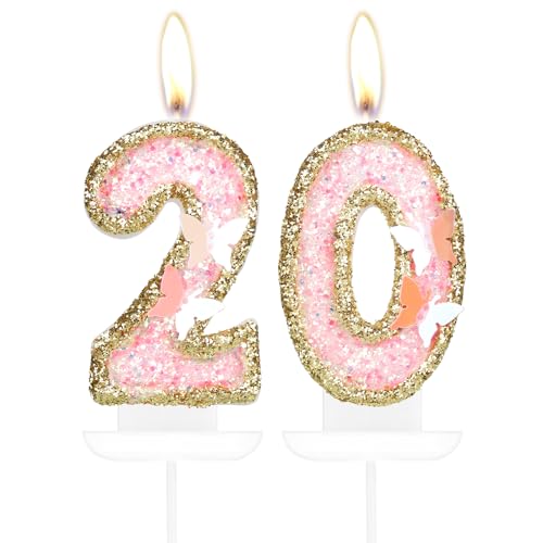 Velas de mariposa con números de 20 cumpleaños, 20 velas de oro rosa para tartas, decoración de...