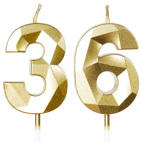 Yiran Velas de Cumpleaños 36 Años Dorado, Decoraciones para Hombres y Mujeres, Número 36 3D para...
