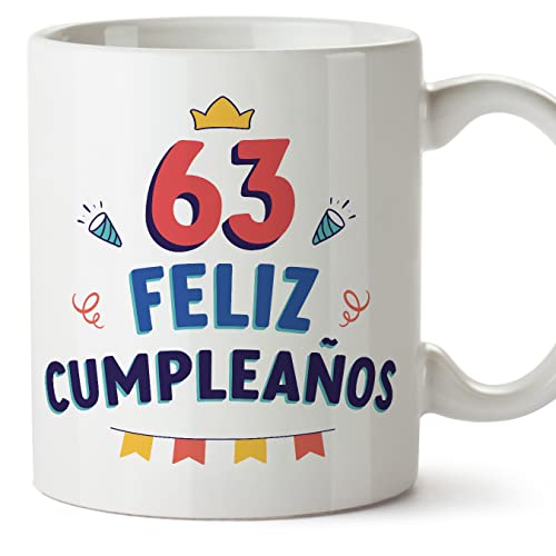 MUGFFINS Tazas 63 Cumpleaños - En Español - ¡Feliz Cumpleaños! - 11 oz / 330 ml - Regalo original y divertido