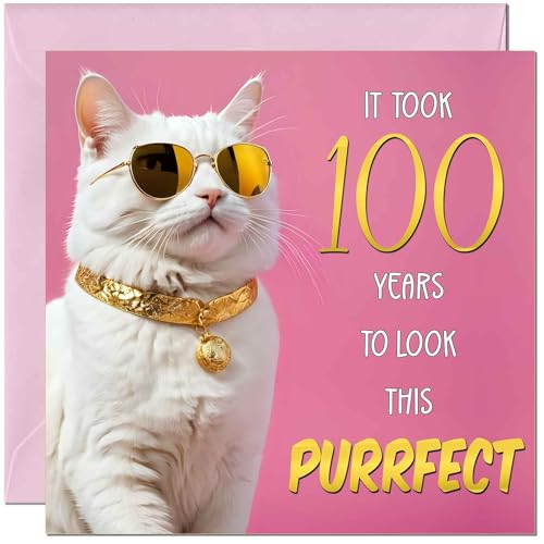 Tarjeta de cumpleaños número 100 de gato para mujer, cumpleaños Purrfect, divertida tarjeta de...