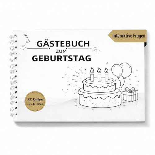 Auibor Libro de visitas de cumpleaños con preguntas – Libro de visitas DIN A4 con 63 páginas –...