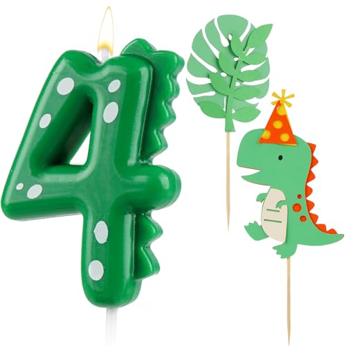 AIBAOBAO Velas Cumpleaños 4 Años, Vela de Cumpleaños Dinosaurio con 2 x Decoracion Tarta...