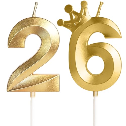 Vela de Cumpleaños Con Corona, Número 26, Color Oro -2.36 Pulgadas, Velas Cumpleaños Divertidas,...