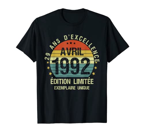 29 años Regalos 29º Cumpleaños Vintage Abril de 1992 Camiseta