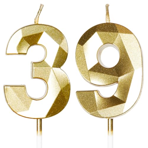 Yiran Velas de Cumpleaños 39 Años Dorado, Decoraciones para Hombres y Mujeres, Número 39 3D para...