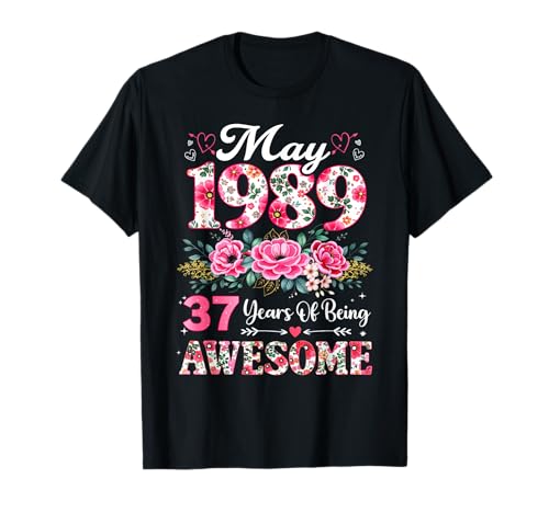 Floral Mayo 1989 37 años 37 cumpleaños Mujeres 37 años Camiseta