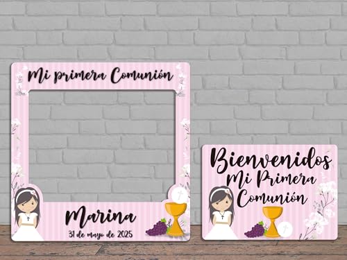 Oedim Photocall en Cartón para Comunión + Cartel Rosa Personalizado, 100x100cm, 70x50cm, Eventos o...