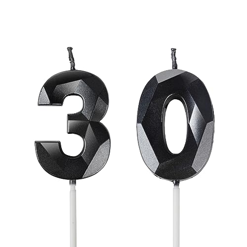 Yiran Velas de Cumpleaños 30 Años Negro, Decoraciones para Hombres y Mujeres, Número 30 3D para...