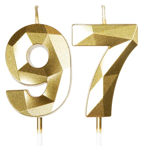 Velas de Cumpleaños 97 Años Dorado, Decoraciones para Hombres y Mujeres, Número 97 3D para Tarta,...