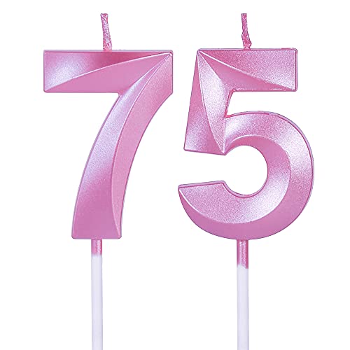Velas de 75 y 57 cumpleaños rosas para pasteles, número 75 57 con purpurina para decoración de...