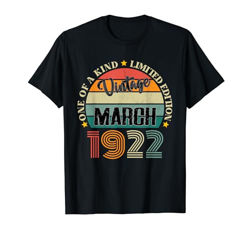 102 Años Vintage Marzo 1922 Cumpleaños 102 Retro Camiseta