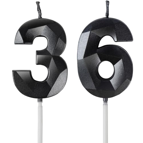 Yiran Velas de Cumpleaños 36 Años Negro, Decoraciones para Hombres y Mujeres, Número 36 3D para...