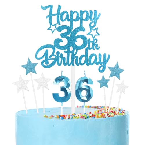 mciskin Conjunto de velas de cumpleaños de 36 años azules,Vela número 36 para pastel,Decoraciones...