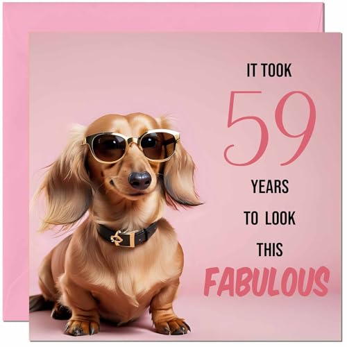 Divertida tarjeta de cumpleaños número 59 para mujer, fabuloso perro salchicha, divertida tarjeta...