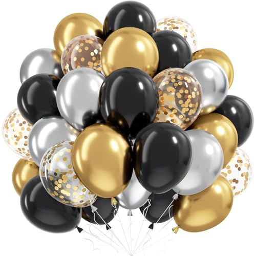 Globos Negro Oro Plata, 60 Piezas Kit Globos Oro Negro y Plateado Con Globos De Confeti Dorado,...
