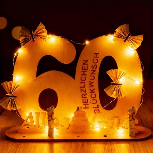 Roontin Regalo 60 Cumpleaños Hombre Mujer - Tablero de Madera con Luces LED, Libro de Visitas y...
