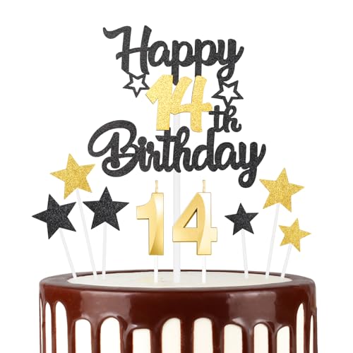 mciskin Juego de velas de cumpleaños número 14 de oro negro, vela número 14 para pastel, velas...
