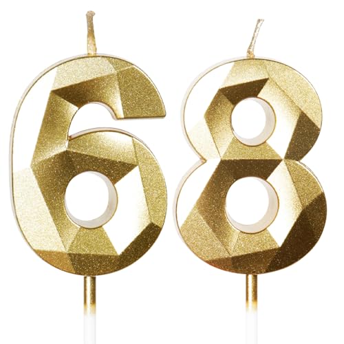 Yiran Velas de cumpleaños número 68, velas doradas con el número 68, decoraciones para tartas...