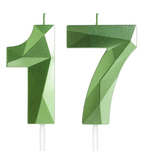 Yiran Velas de Cumpleaños 17 Años Verde, Decoraciones para Niños y Niñas, Número 17 3D para...