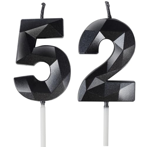 Velas de Cumpleaños 52 Años Negro, Decoraciones para Hombres y Mujeres, Número 52 3D para Tarta,...