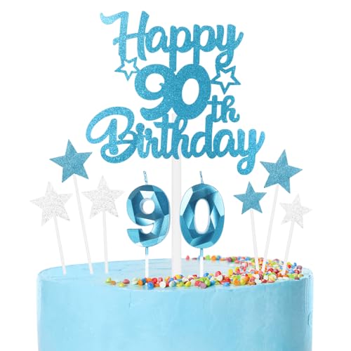 mciskin Conjunto de velas de cumpleaños de 90 años azules,Vela número 90 para pastel,Decoraciones...
