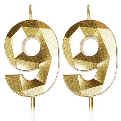 Velas de Cumpleaños 99 Años Dorado, Decoraciones para Hombres y Mujeres, Número 99 3D para Tarta,...