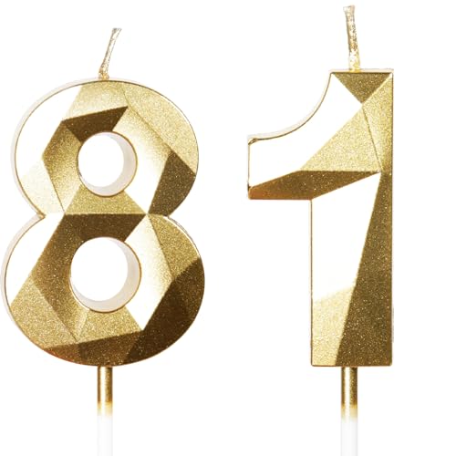 Velas de Cumpleaños 81 Años Dorado, Decoraciones para Hombres y Mujeres, Número 81 3D para Tarta,...