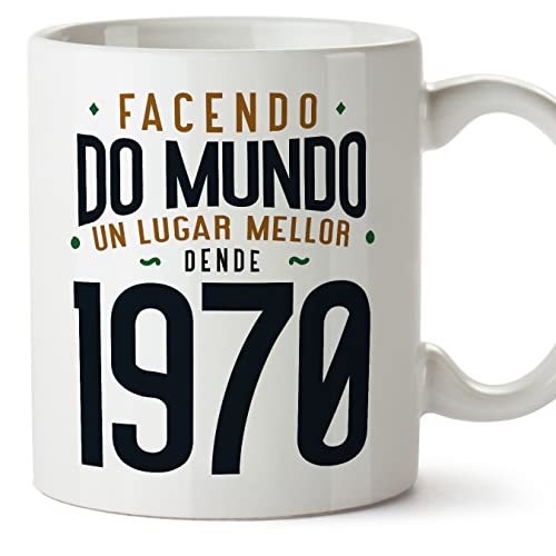 MUGFFINS Tazas 1970 Cumpleaños - En Gallego - Facendo do Mundo un Lugar Mellor - 11 oz / 330 ml -...