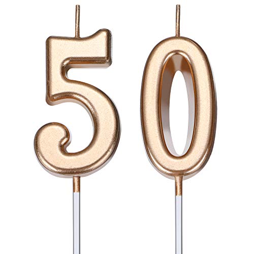 Velas de Cumpleaños de 50 Años Velas de Número de Pastel Velas de Torta de Feliz Cumpleaños Decoración de Tarta para Celebración de Aniversario Cumpleaños Boda (Dorado Champagne)