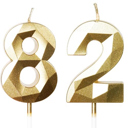 Velas de Cumpleaños 82 Años Dorado, Decoraciones para Hombres y Mujeres, Número 82 3D para Tarta,...