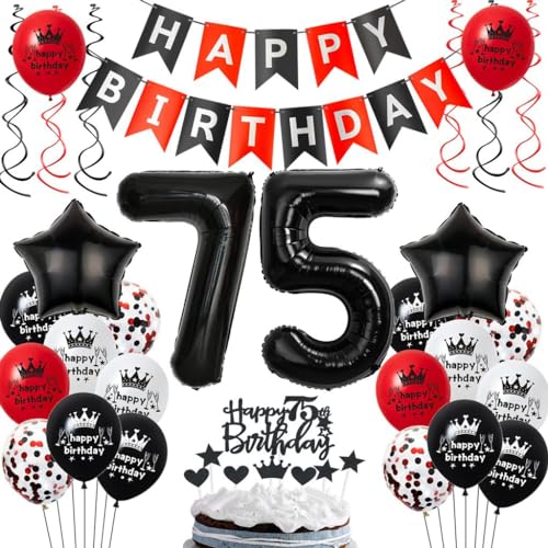 Globos 75 cumpleaños decoración rojo negro, 75 años negro rojo decoración fiesta cumpleaños, 75...